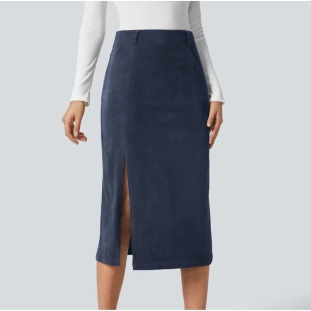 Halara Corduroy Midi Skirt Women M Navy Blue Slit Dark Academia Quiet Luxury